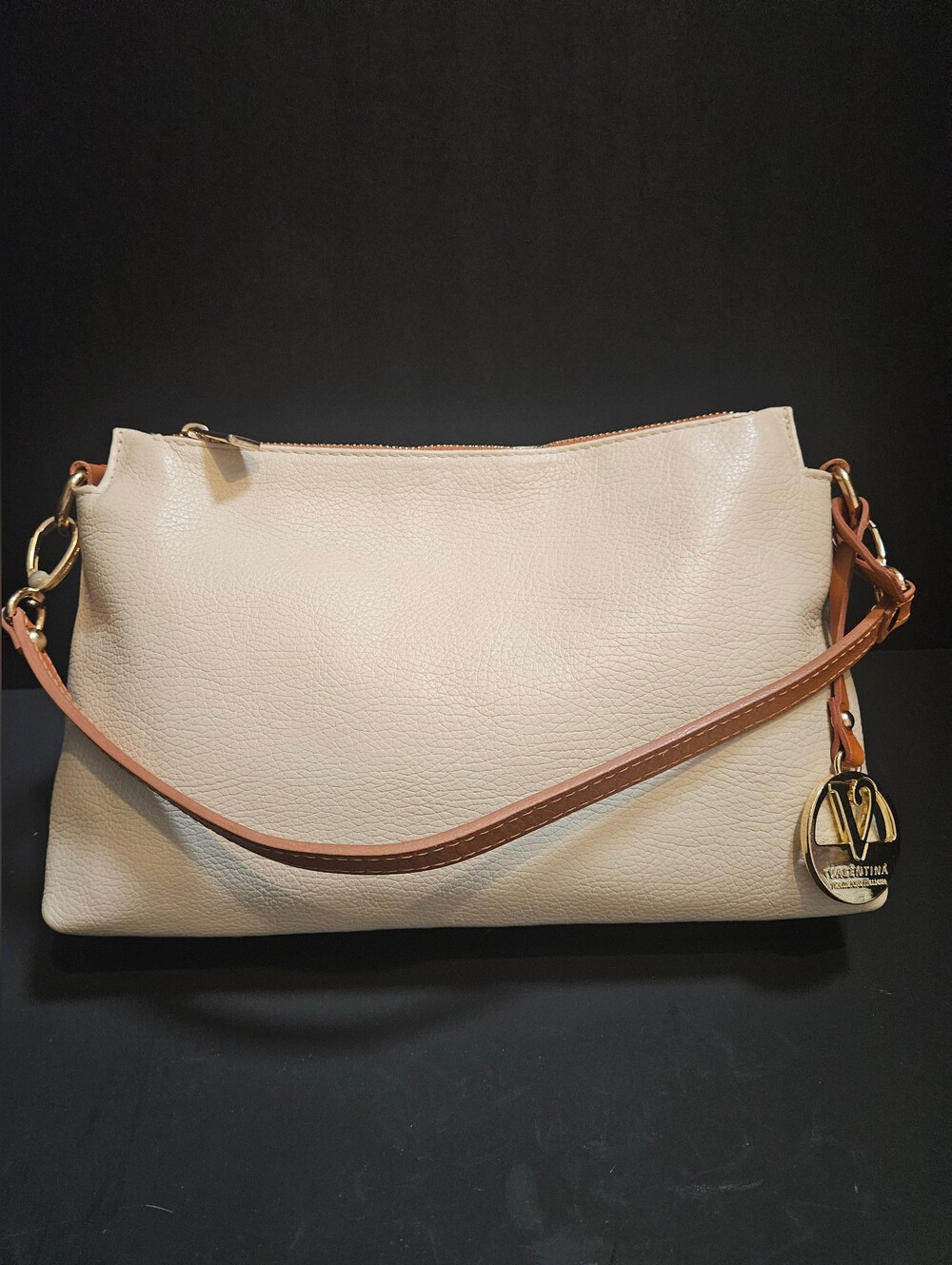 VALENTINA Italy Cream Pebbled Leather Triple Compartment Shoulder Bag EUC